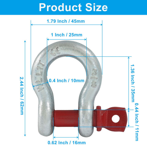 2 Pack Three Eighths Inch D Ring Shackles With Screw Pin, One Ton Working Load Limit, size dimensions in inches and mm