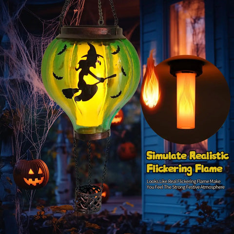 Halloween Outdoor Decoration Hot Air Balloon Solar Lantern With Flickering Flame Hanging Lanterns For A Spooky Witch Vibe Waterproof Garden Patio Decor For Halloween Party