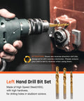 39 Piece Bolt Extractor Kit With Left Hand Drill Bits shown in use on metal surface, emphasizing reverse-direction drilling.