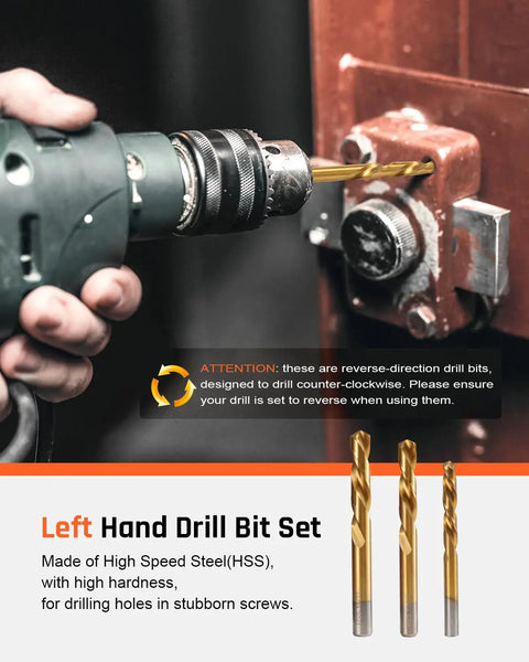 39 Piece Bolt Extractor Kit With Left Hand Drill Bits shown in use on metal surface, emphasizing reverse-direction drilling.