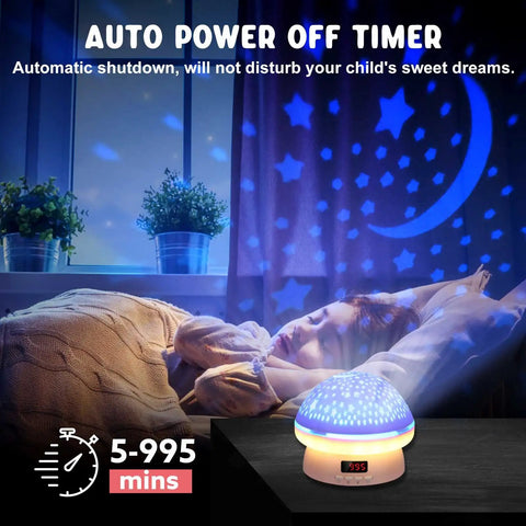 Galaxy Projector Night Light For Kids With Timer, Rotating Starry Sky Projection next to sleeping child, cozy night atmosphere