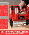 Cordless Brad Nailer And 2 In 1 Electric Staple Gun For Quick Trim Work And Finish Carpentry Battery Powered 18 Gauge Combo Tool close-up, showcasing brad nail specifications.