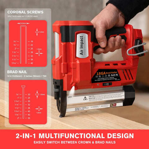 Cordless Brad Nailer And 2 In 1 Electric Staple Gun For Quick Trim Work And Finish Carpentry Battery Powered 18 Gauge Combo Tool close-up, showcasing brad nail specifications.