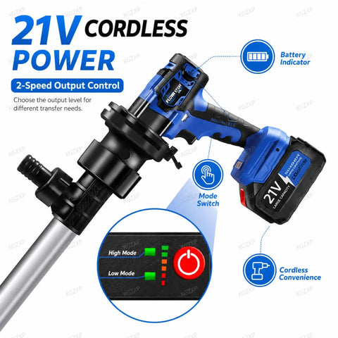 Cordless Electric Oil Drum Pump With 92Cm Stainless Steel Tube For Diesel And Kerosene Transfer. Includes 4M Hose, Two Batteries, And Delivers Up To 60 L/Min Flow Rate For Easy Fuel Moving Jobs Around The Garage