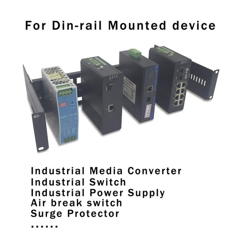Universal 2U 19 Inch Rack Mount Kit For DIN Rail Devices With Adjustable Depth holding industrial converters and switches.