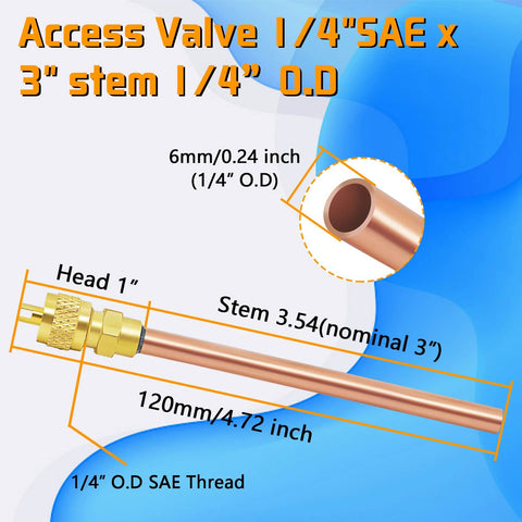 Access service valve, copper body with brass head, 1/4 inch SAE O.D. thread, 3.54 inch stem