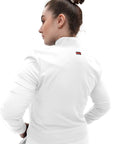 Womens Zip Front Medical Scrub Jacket Crisp White Nurse Uniform Top seen from back with sleek collar in large size.