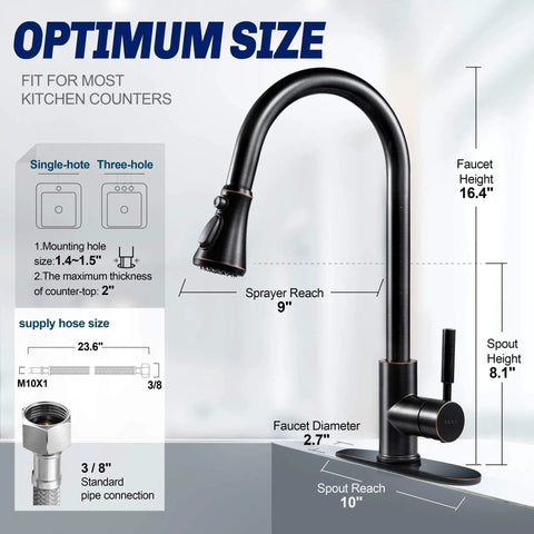Oil Rubbed Bronze Pull Down Kitchen Faucet With Sprayer And Aquablade Sweep, diagrams showing dimensions and installation options.