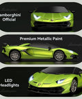 Front view of Lamborghini Licensed One To Twenty Four Scale Remote Control Car For Boys And Girls Green RC Toy Vehicle with LED lights.