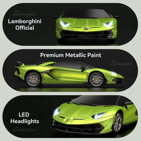 Front view of Lamborghini Licensed One To Twenty Four Scale Remote Control Car For Boys And Girls Green RC Toy Vehicle with LED lights.