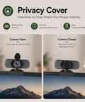 Crisp 1080P Webcam With Built In Noise Canceling Mic And Slide Privacy Cover showing open and closed camera positions.