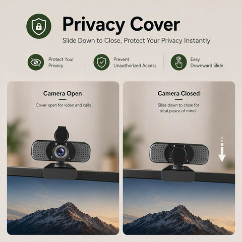 Crisp 1080P Webcam With Built In Noise Canceling Mic And Slide Privacy Cover showing open and closed camera positions.