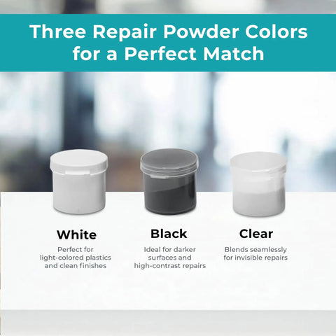 DIY Plastic Repair Kit For Cracks And Breaks Fix Plastic Fiberglass Wood And More With Pro Grade Bond Mini Master Kit shown in three color powders