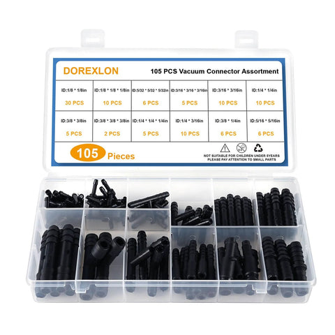 105-piece vacuum connector assortment in clear plastic case with divided compartments, by DOREXLON