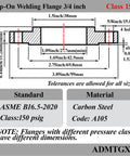 Diagram of Carbon Steel Slip On Flange Three Quarters Inch With Neck Forged Raised Face Class 150 specifications and dimensions.