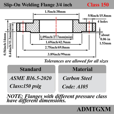 Diagram of Carbon Steel Slip On Flange Three Quarters Inch With Neck Forged Raised Face Class 150 specifications and dimensions.