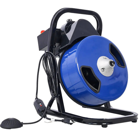 Heavy Duty Electric Drain Auger Kit With 60 Foot Snake Cable And Foot Switch, blue drum, foot switch, control panel, designed for plumbing.
