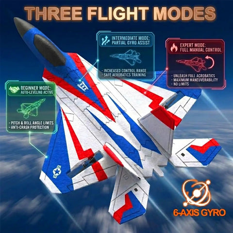4 Channel F22 Raptor RC Plane RTF With LED Lights, 6 Axis Gyro, 3 Flight Modes displayed in air with graphics