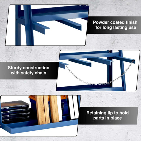 Close-up of blue Vertical Bar Rack For Workshop Or Garage, Heavy Duty Pipe And Lumber Storage System With 3000 Lb Capacity.
