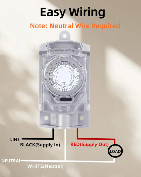 Straight Up Tough Outdoor Mechanical Timer Switch 24 Hour With 30 Minute Intervals For Backyard Lighting And Power Boxes 20 Amp 120 Volt Waterproof wiring diagram on a neutral background.