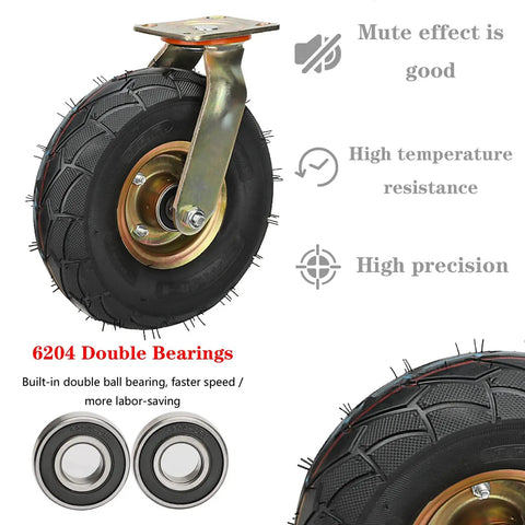 Heavy Duty 10 Inch Caster Set Of 4, Industrial Pneumatic Swivel Wheels With Dual Locking Side Brakes, side view of a single 10 inch rubber caster with double bearings.