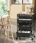 Five Tier Rolling Storage Cart With Wood Top On Wheels For Home Office Classroom Craft Room And Kid Room Mobile Drawer Trolley With Two Big Drawers And Three Small Drawers Black in art room.