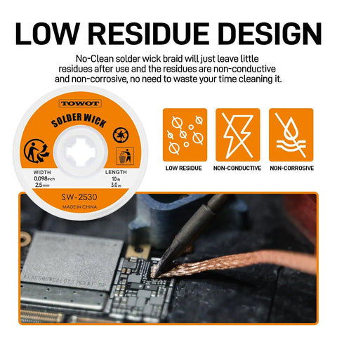 Pro Grade Desoldering Wick And No Clean Flux Paste Kit For Electronics Repair, 10Ft Copper Braided Wick And 10Cc Rosin Flux, Easy Solder Removal For PCB And Circuit Board Rework package details.