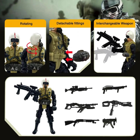 Six Pack Army Men Action Figures Playset With Realistic Gear And Weapons Detachable Soldiers SWAT Team Educational
