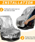 "Two Pack Car Seat Sun Shade Covers For Baby And Toddler Reflective UV Sun Shield Keeps Car Cool By Blocking Sunlight With Elastic Band For Easy Fit Travel Safety Classic Silver being installed over a child car seat"