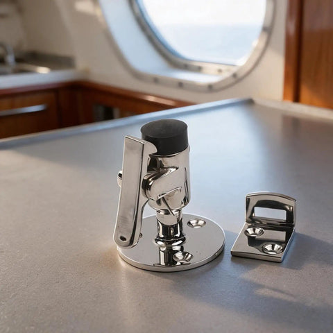 Heavy Duty Marine Grade 316 Stainless Steel Door Holder Catch With Rubber Bumper To Stop Slamming Noise And Keep Your RV Or Yacht Door Securely Locked In Place Without Rusting In Saltwater Conditions.