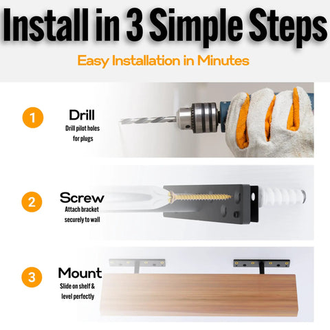 Installation guide for Six Inch Titan Mount Floating Shelf Brackets, detailing drill, screw, and mount steps for hidden wall support.