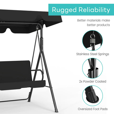 Outdoor Patio Swing Chair With Adjustable Canopy And Heavy Duty Stand For Three Adults, Durable Glider frame details.
