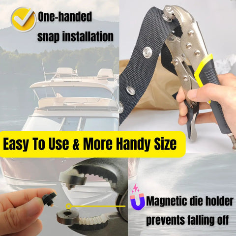 Heavy Duty Snap Fasteners Kit For Boat Covers And Outdoor Fabric, 60 Metal Marine Snaps With Pliers shown in use.