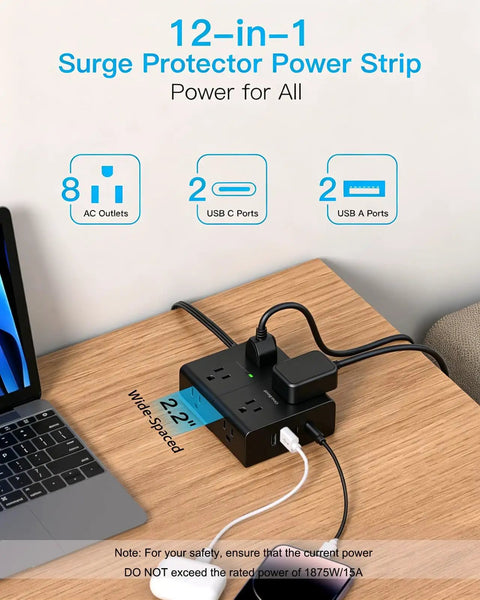 Ultra Slim Flat Power Strip With 8 Outlets And 4 USB Ports 2 USB C 5 Ft Braided Surge Protector with devices on desk