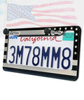 Patriotic Black Front And Rear License Plate Frame With USA Flag, Heavy Duty 4mm Brushed Aluminum Plastic Composite, shown with license plate
