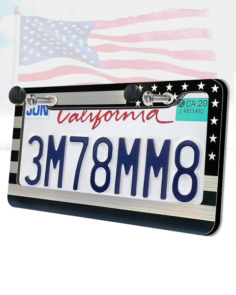Patriotic Black Front And Rear License Plate Frame With USA Flag, Heavy Duty 4mm Brushed Aluminum Plastic Composite, shown with license plate
