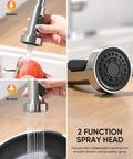Straight Up Commercial Spring Kitchen Faucet With Pull Down Sprayer In Brushed Nickel And Dual Spray Modes features 2 function spray head for effective cleaning.