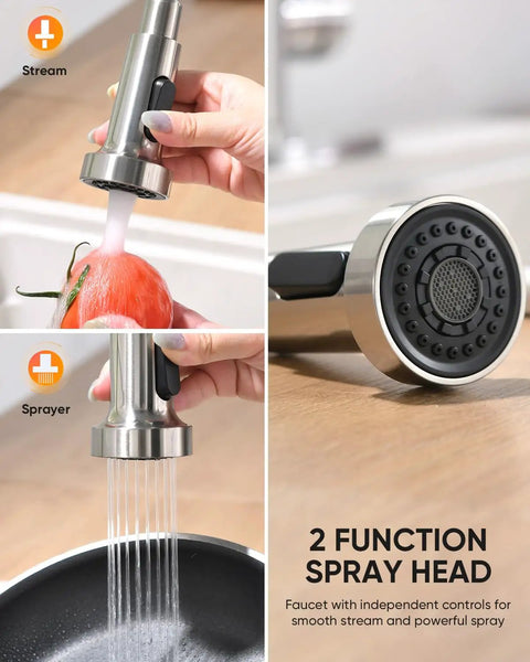 Straight Up Commercial Spring Kitchen Faucet With Pull Down Sprayer In Brushed Nickel And Dual Spray Modes features 2 function spray head for effective cleaning.