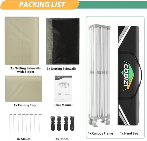 Packing list of 10 By 15 Heavy Duty Pop Up Canopy With Four Sidewalls And Mosquito Netting Easy Up Screen Tent for outdoor use