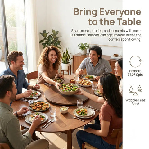 Top Tier 24 Inch Round Lazy Susan With Dead Smooth 360 Spin, Walnut Veneer Table Top Serving Tray in use at a dining table with friends.