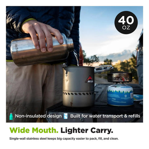 User pouring water from No Sweat Wide Mouth Stainless Steel Water Bottle With Loop Cap 40 Oz Non Insulated BPA Free into a pot.