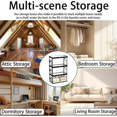 Multi-scene storage for Built Like A Tank Large Clear Plastic Storage Bin With Heavy Duty Foldable Frame in attic, dormitory, bedroom, and living room.