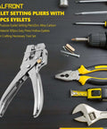 Heavy Duty Eyelet Pliers Kit With 100 Steel Eyelets and tools on a workbench, showcasing ergonomic design and carbon steel construction.