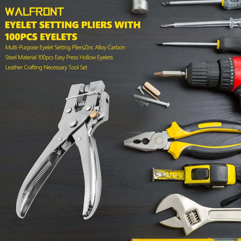 Heavy Duty Eyelet Pliers Kit With 100 Steel Eyelets and tools on a workbench, showcasing ergonomic design and carbon steel construction.