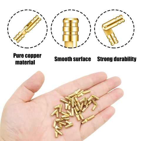 Small Brass Barrel Hinges 25pc Set, 270 Degree Hidden Cylinder Hinges in hand showing pure copper material and durability