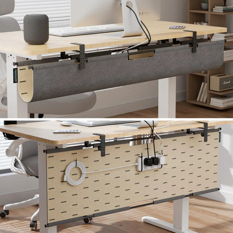 2 In 1 Under Desk Cable Management Tray And Privacy Panel With Dual Sided Felt Cord Organizer shown installed under a desk