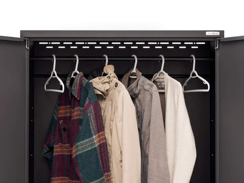 Complete 7 Piece Badass Steel Garage Storage Set With Locking Rolling Tool Chest Sturdy Wall Units with hanging coats.