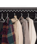 Heavy Duty 15 Piece Garage Cabinet Set Features Fully Welded Steel Shelves with coats hanging on metal hooks inside a cabinet.