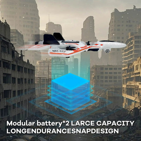 No Assembly RC Fighter Plane For Kids With Auto Hover, 360 Degree Flips, Gravity Sensing Stunt Roll showcased with blue energy cube