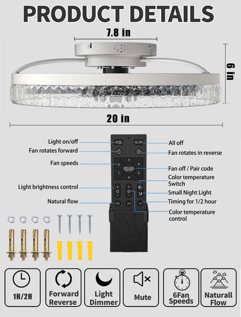 Product details of Cool Modern Ceiling Fan With Light Semi Flush Mount showing dimmable LED, remote control, and installation parts.